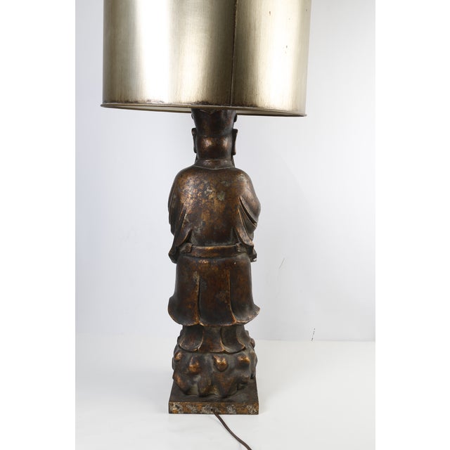 Metal Vintage James Mont Style Confucius Figural Table Lamp | Hollywood Regency Asian Sculpture 40” For Sale - Image 7 of 11