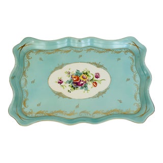Vintage Old Paris Hand Painted Porcelain Aqua Floral Vanity Trayby Parisiene For Sale
