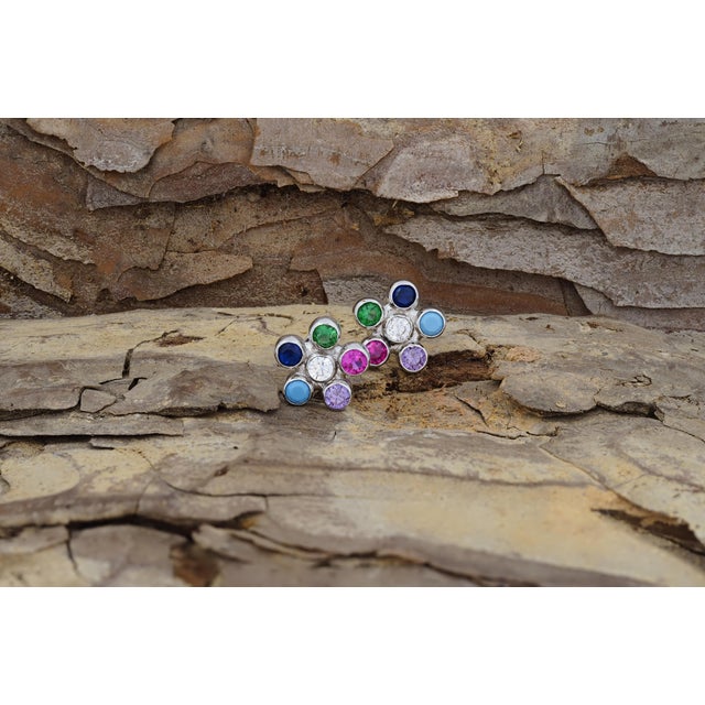 Modern Multicolor Gemstone Flower Earrings Studs in 14k Gold, A Pair For Sale - Image 3 of 8