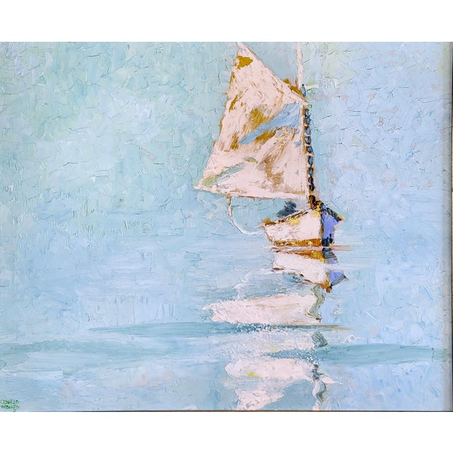 Sky Blue Vintage American Cape Cod Sailboat Oil Painting by Coulton Waugh For Sale - Image 8 of 16