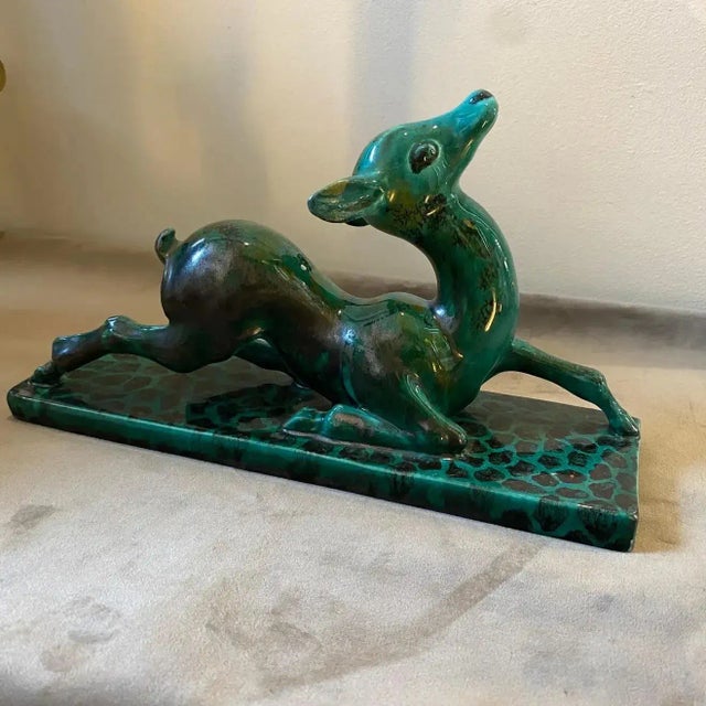 1930s 1930s Egisto Fantechi Art Deco Green Ceramic Italian Sculpture of a Fawn For Sale - Image 5 of 12