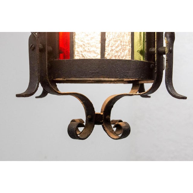 Glass French Lustre Colored Glass & Wrought Iron Pendant Light, Late 19th Century For Sale - Image 7 of 14