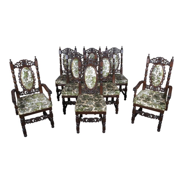 Set of 8 Vintage 20th Century Charles II Carolean Style Carved Oak Dining Room Chairs For Sale