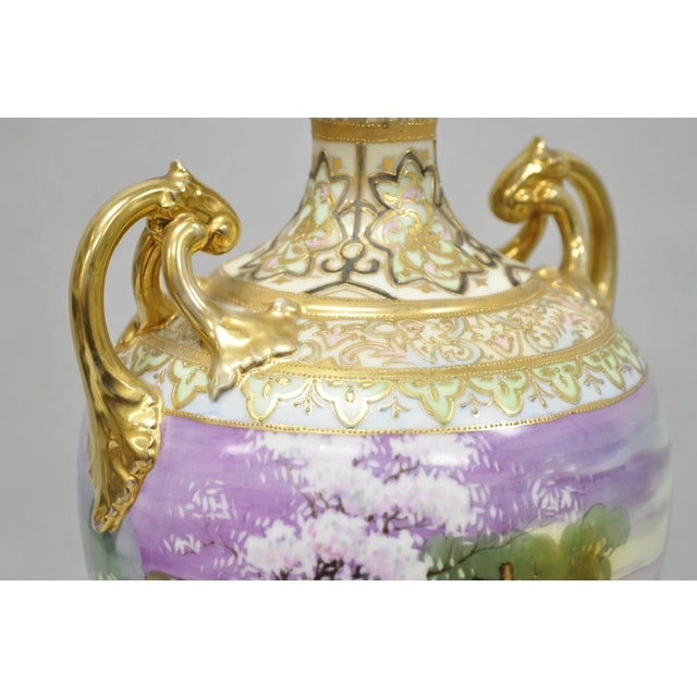 Antique Nippon Hand Painted Cottage Lake Porcelain Twin Handle Bolted Urn Vase For Sale - Image 10 of 17