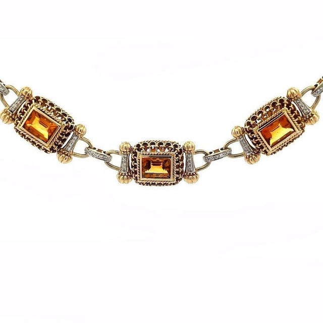 Diamond Citrine 14k Necklace Step Cut Rectangle Motif Heavy Yellow Gold For Sale - Image 4 of 8
