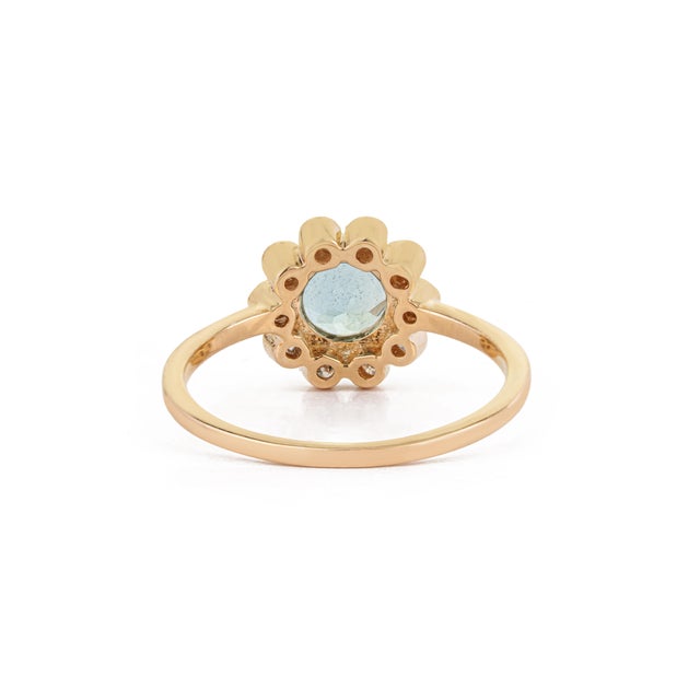 14k Yellow Gold Aquamarine & Diamond Vintage Sunburst Halo Ring Size 4 For Sale - Image 10 of 18