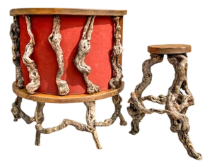 Vintage Grape Vine Wood Branch Bar with Stool, 1960s, Set of 2