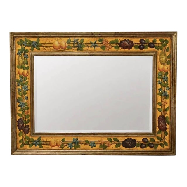 Large Vintage Tuscan Style Hand-Painted Fruit & Floral Beveled Wall Mirror For Sale