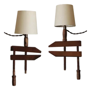 Pair Wooden Handscrew Clamp Lamp With Shade by Understated Design Los Angeles