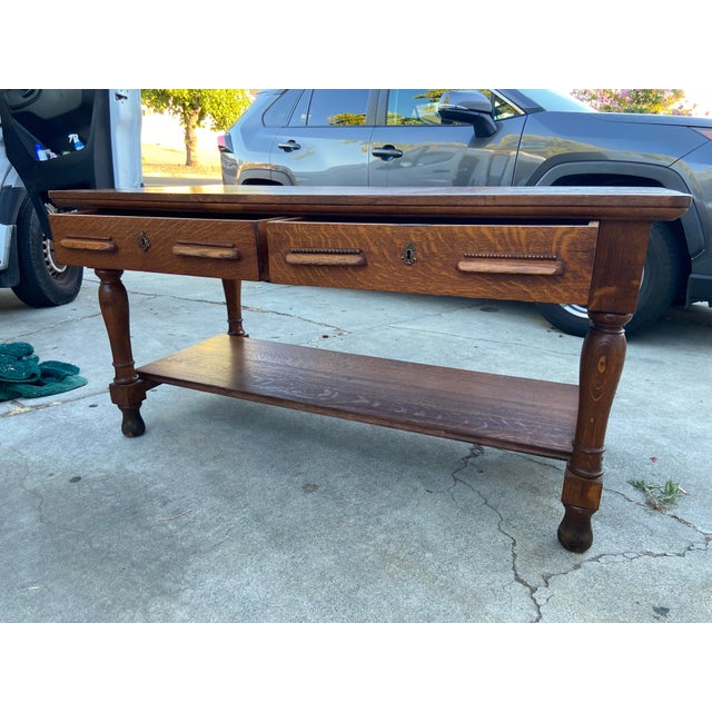 French Country Antique Arts and Crafts Oak Library Desk Writing Table Wirh Shelf Mission Style For Sale - Image 3 of 18