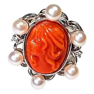 1970s 14K White Gold Filigree Coral Cameo Diamond Seed Pearl Ring, Size 6.5 For Sale