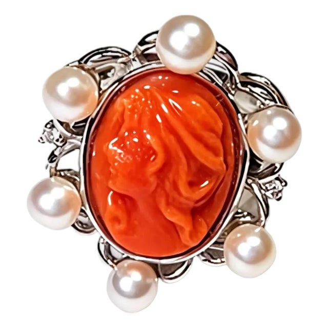 1970s 14K White Gold Filigree Coral Cameo Diamond Seed Pearl Ring, Size 6.5 For Sale
