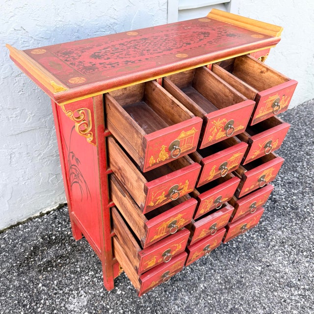 Vintage Chinese Hand Painted Red Angle Apothecary Dresser For Sale - Image 4 of 9
