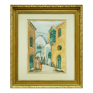 Zvi Ehrman, Israeli Modernist Old City Jerusalem Landscape Folk Art Watercolor Painting For Sale
