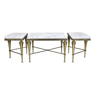 Mid 20th Century French Neoclassical Regency Style Tripartite X-Base Brass & Carrara Marble Tables For Sale