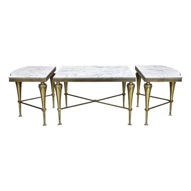 Mid 20th Century French Neoclassical Regency Style Tripartite X-Base Brass & Carrara Marble Tables For Sale