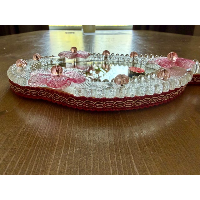 Pink C.1950s Vintage Italian Venetian Hand-Blown Pink Floral Murano Glass Hand Mirror For Sale - Image 8 of 9
