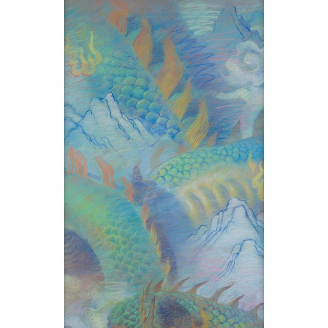 1980s Dragon by Quang Ho | Pastel on paper depicting a colorful dragon among clouds and mountains. For Sale - Image 5 of 5