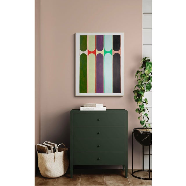 This piece features a row of colorful columns of opposing shapes made from acrylic paint and color pencil on paper. Colors...