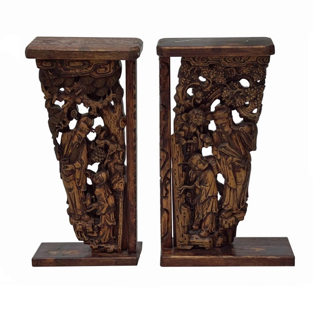 Pair Vintage Chinese Man Kid Wood Carving Desktop Display Plaque For Sale - Image 9 of 9