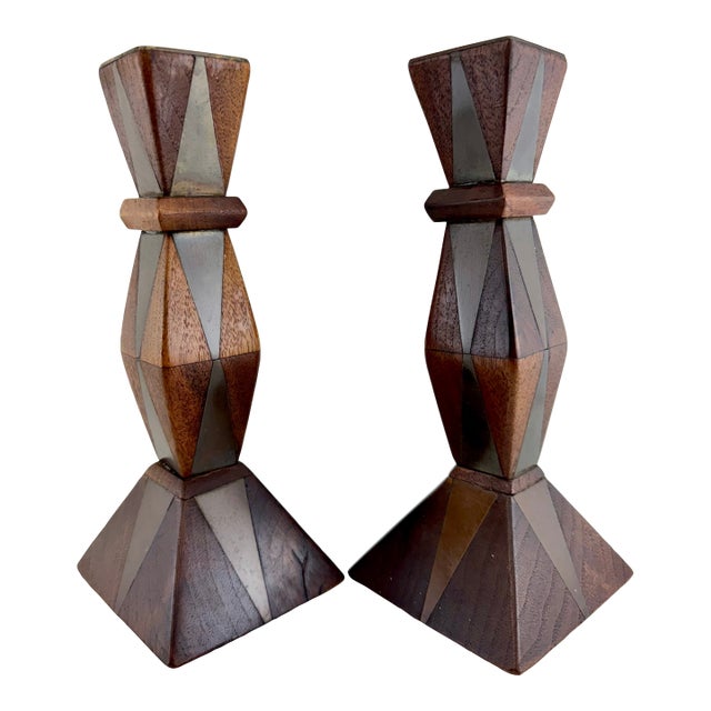 1960s Mid-Century Faceted Wood & Inlaid Metal Candlesticks, Geometric Modernist Form, a Pair For Sale