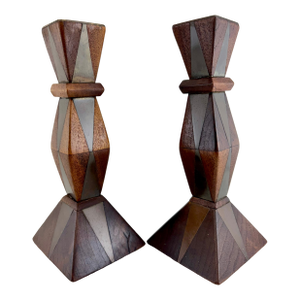 1960s Mid-Century Faceted Wood & Inlaid Metal Candlesticks, Geometric Modernist Form, a Pair