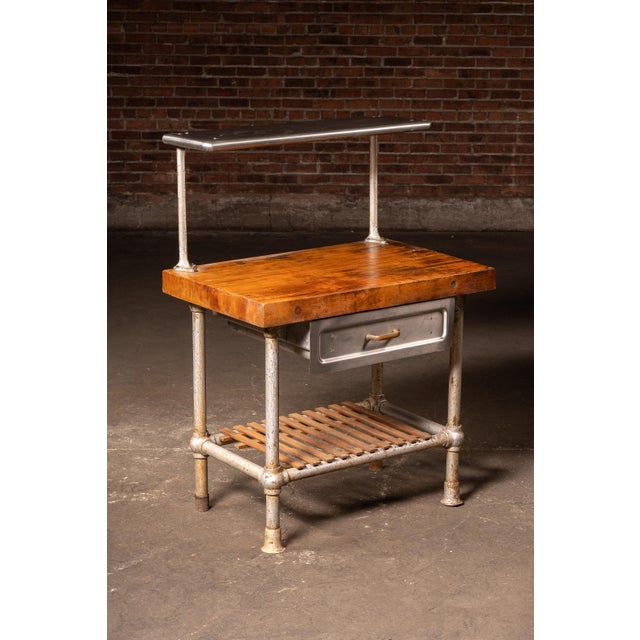 Industrial Early 20th Century Industrial Butcher Block Prep Station With Pipe Frame and Overhead Rail For Sale - Image 3 of 10