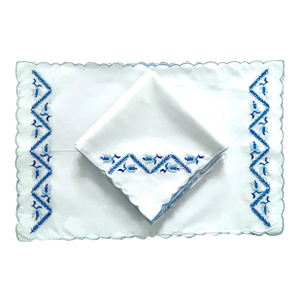 Vintage Embroidered Blue and White Linen Placemats and Matching Napkins, Set of 19