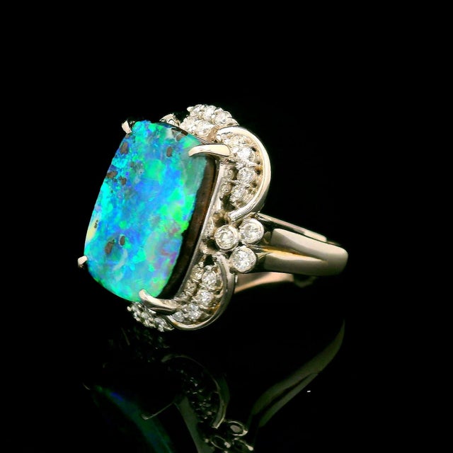 8.63 Carat Australian Boulder Opal Diamond Platinum Ring, Size 7 For Sale - Image 4 of 5