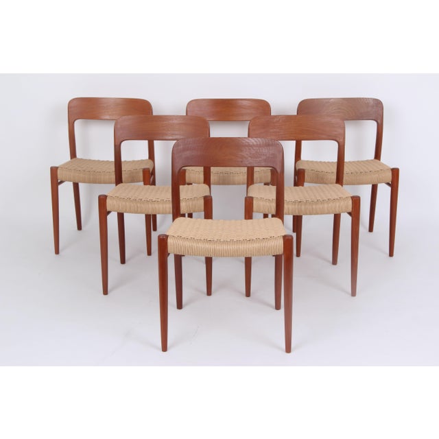 Six chairs, model no. 75, designed by Niels Otto Møller and manufactured by J.L. Møller. Here in beautifully restored...