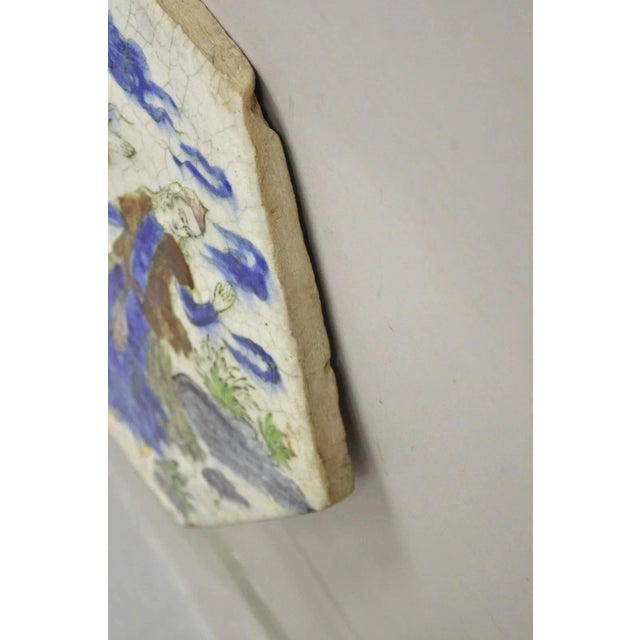 Blue Antique Persian Iznik Qajar Style Ceramic Pottery Tile Hexagonal Blue Couple C5 For Sale - Image 8 of 11