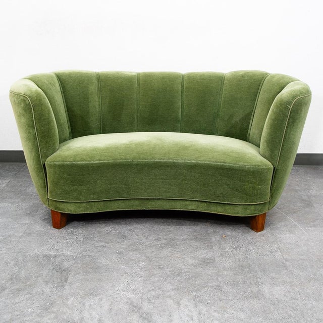 Light green classic mohair settee sofa recently imported from Denmark. Unsigned example. Add a classic to your collection....