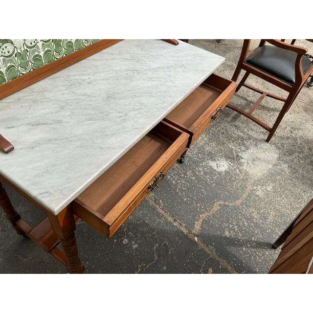 Wood Early 20th Century Victorian-Style Rolling Work Cabinet With Marble Top and Decorative Tile For Sale - Image 7 of 7