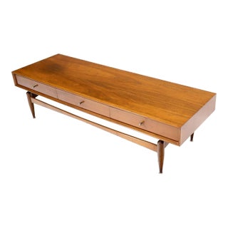 Glenn of California Atr. Walnut Three Drawers Coffee Table on Sculpted Legs For Sale