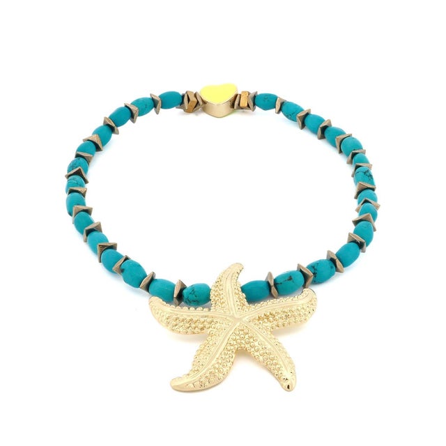 Metal Majestic Starfish Charm Turquoise & Yellow Heart Beaded Anklet For Sale - Image 7 of 7