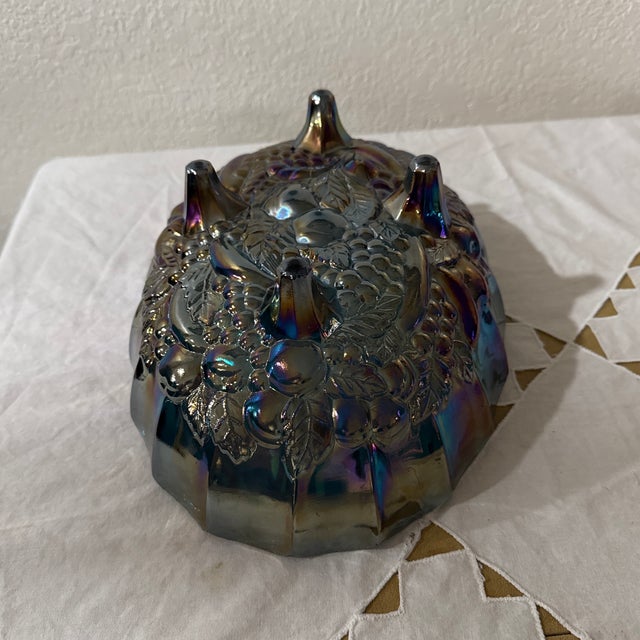 Vintage Indiana Iridescent Carnival Glass Blue Grapefruit Footed Bowl For Sale - Image 4 of 9