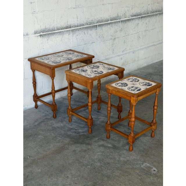 Ak Odense Oak Nesting Tables Set of 3 With Ceramic Tile Tops Danish Mid-Century Modern 1965 For Sale - Image 10 of 11
