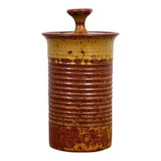 Mid Century Modern Lidded Jar Pot Round Clay Brown Studio Pottery Stoneware MCM For Sale