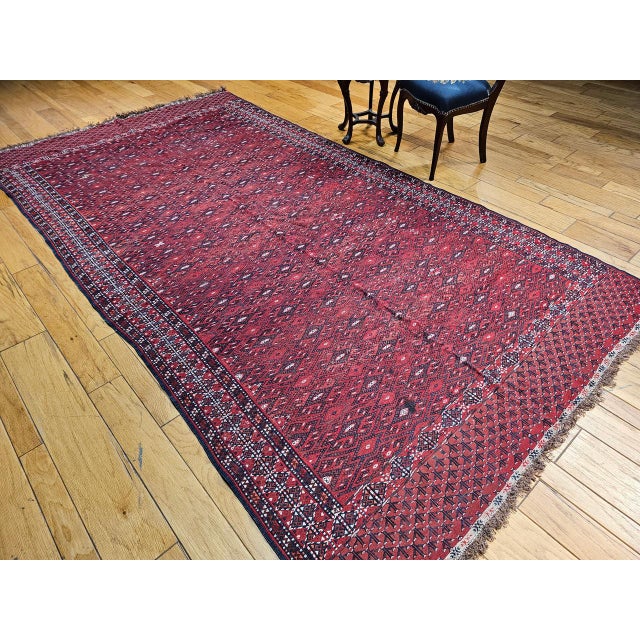 Red Vintage Turkmen Yomut Soumak Tribal Rug, Handwoven Wool, Allover Geometric Pattern, 6x12 For Sale - Image 8 of 10