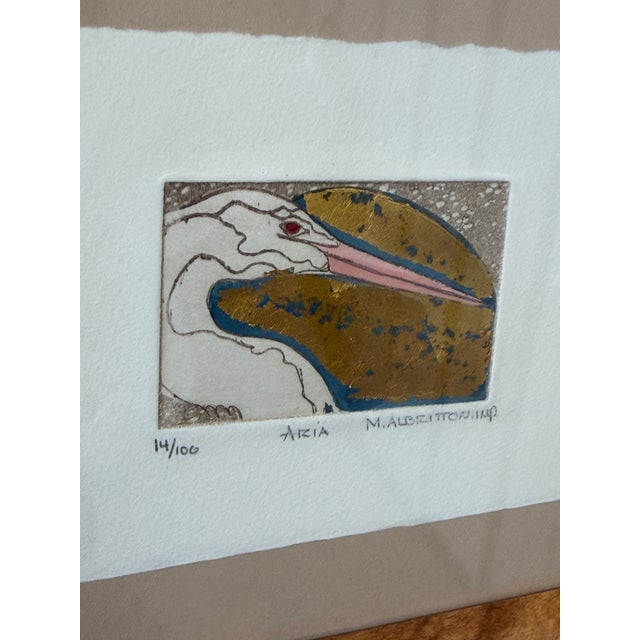 Limited Edition Egret Etching “Aria” by M. Albritton in Faux Burl Wood Frame For Sale - Image 4 of 12