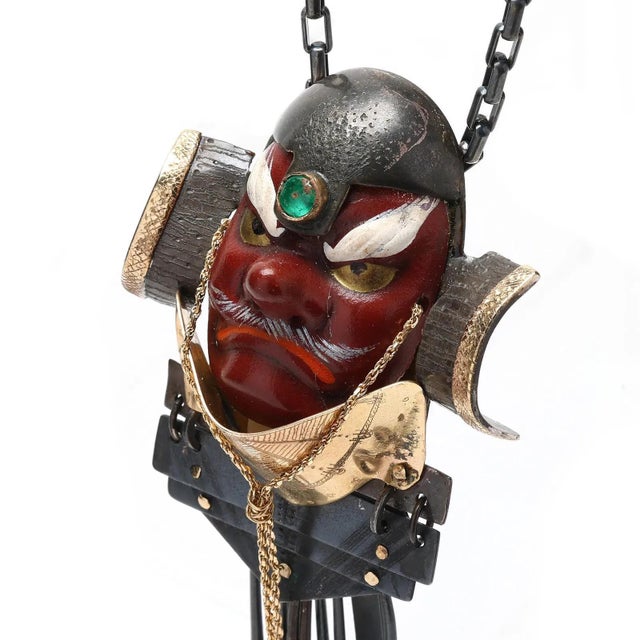 Design Bespoken Silver and Gold Necklace with Japanese Tengu Mask by Mary Ann Scherr For Sale - Image 4 of 8