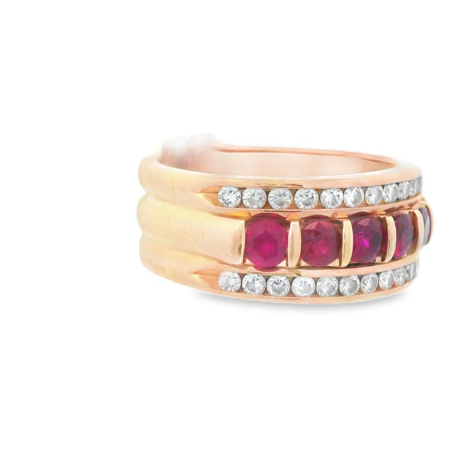 Contemporary 1980s 14k Yellow Gold Ruby & Diamond Band Ring, Size 6.75 For Sale - Image 3 of 12