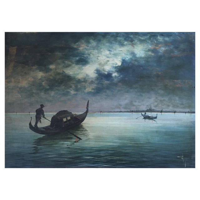 Carlo Vason, Gondoles sur la Lagune et vue sur Venise, Oil on Wood For Sale