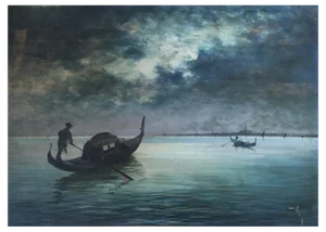 Carlo Vason, Gondoles sur la Lagune et vue sur Venise, Oil on Wood