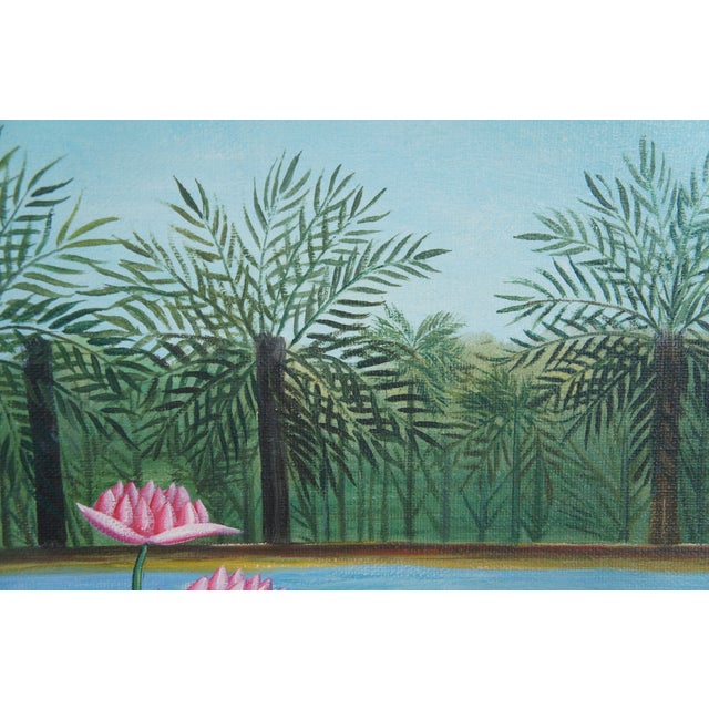 Late 20th Century The Flamingoes After Henri Rousseau Tropical Oil Riverscape Painting Framed For Sale - Image 12 of 12