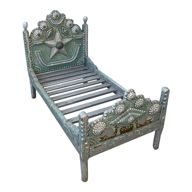 Tramp Art Folk Art Dog Bed With Silver And Blue Paint For Sale