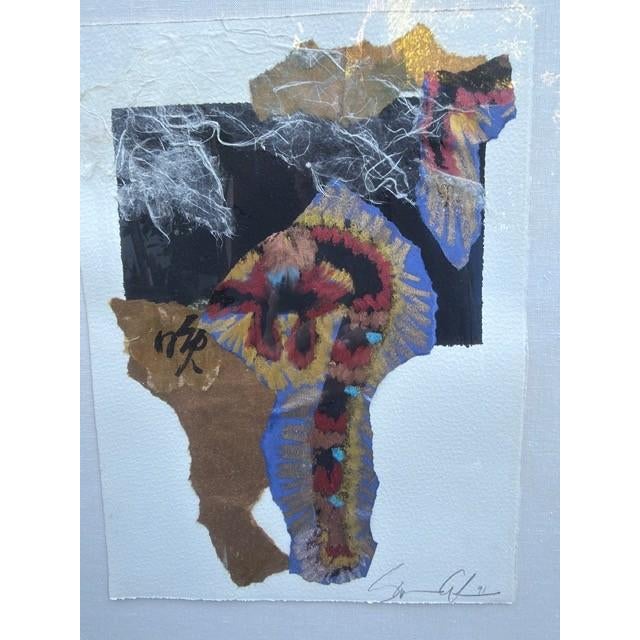 This original artwork by Susan Cohen is a mixed-media collage incorporating paper, oil crayon, Japanese calligraphy, rice...