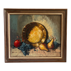 Mid-Century Modern Still Life Fruit and Platter, Impasto Oil on Canvas Signed by Artist, Framed