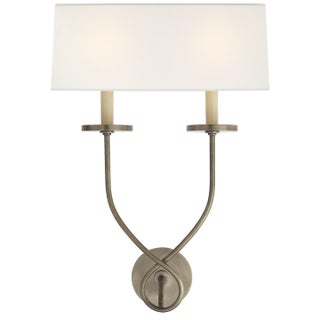 Chapman & Myers for Visual Comfort Signature Symmetric Twist Double Sconce in Antique Nickel with Linen Shade For Sale