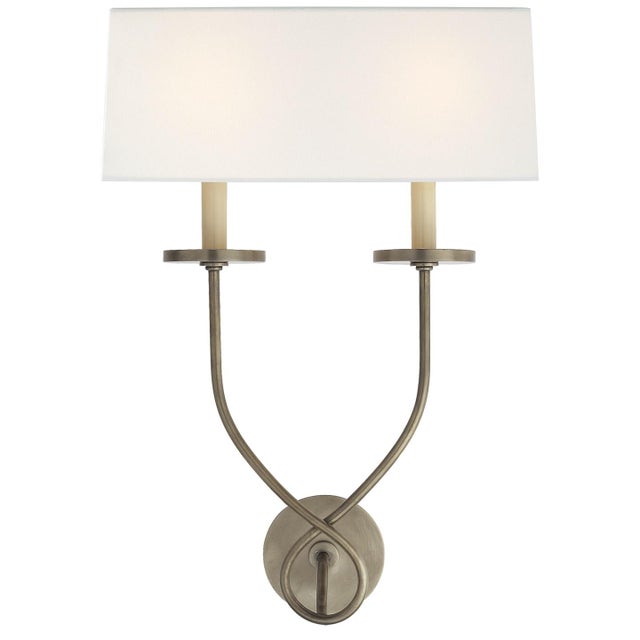 Chapman & Myers for Visual Comfort Signature Symmetric Twist Double Sconce in Antique Nickel with Linen Shade For Sale